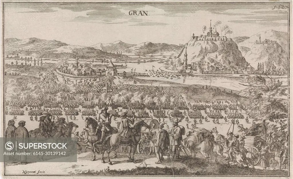 The Battle of Párkány in 1683. The Polish army led by Jan III Sobieski fights with the Ottomans, at the Párkány place. On the other side of the river is the city of Esztergom (Gran), on the mountain, which is bombarded with guns. Soldiers cross the Danube river. At the top right numbered: fol. 120.