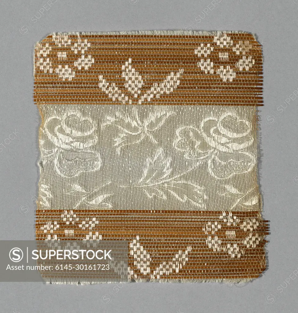 Sample Made 1825-1850 France. Silk and straw, bands of complex gauze weave with supplementary facing wefts and self-patterned by main warp floats and bands of complex gauze weave self-patterned by areas of main warp floats over plain interlacing .