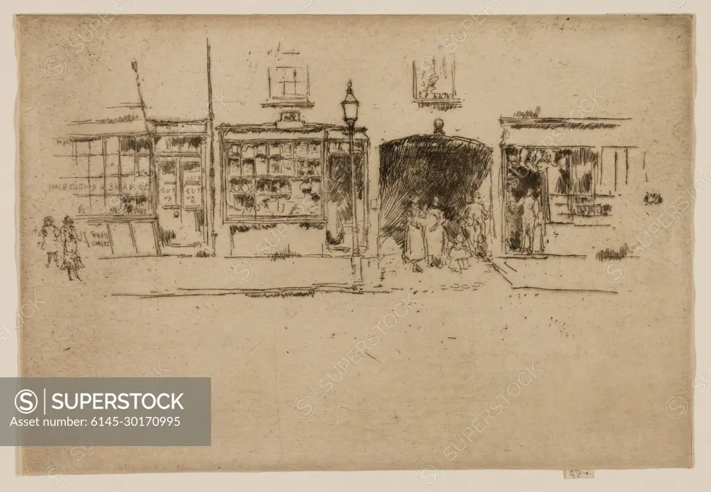 The Barber's Shop, Chelsea 1886 United States. Etching with foul biting in black ink on cream laid paper . James McNeill Whistler