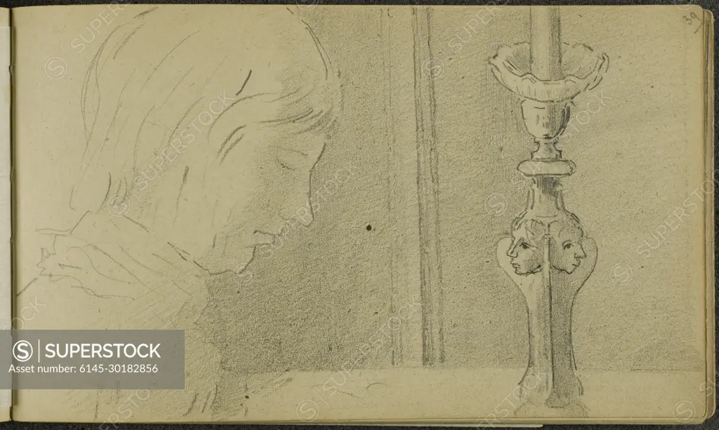 Sketchbook Made 1879–1885 France. 55-page sketch book of drawings in pencil  on cream wove (with a few buff and blue) paper, with (simulated) laid paper  interleaves, bound in black cardboard with black