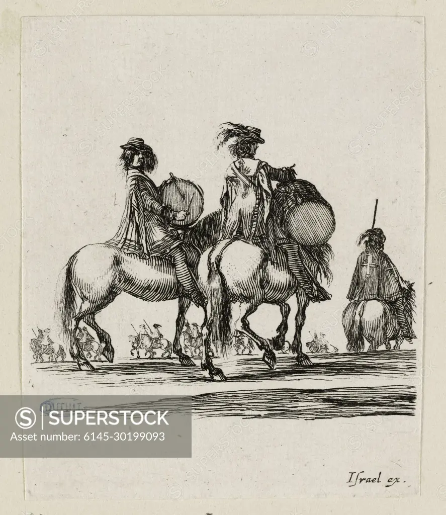 Various cavalry exercises - two mousquette drums riding Stefano della Bella (1610-1664). Various cavalry exercises: two drums of musketeers on horseback. Etching.