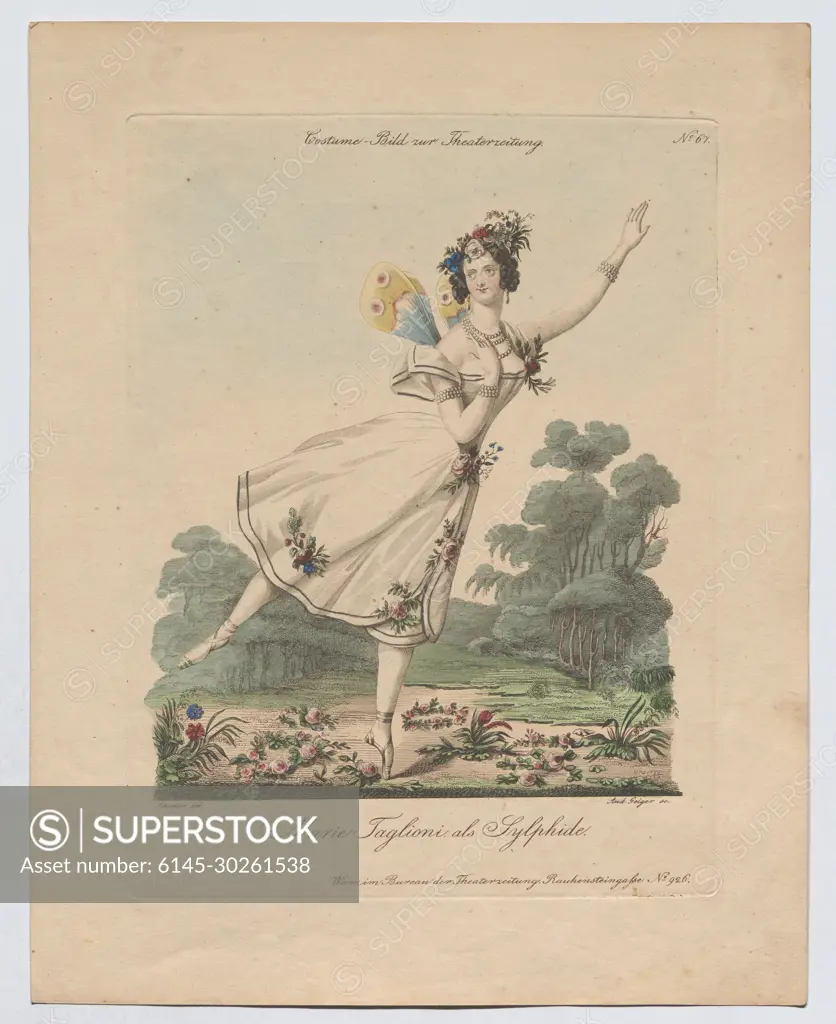 Marie Taglioni as Sylphide costume picture No,  for the theater newspaper, Andreas Geiger -, Copper Engraver, after, Johann Christian Schoeller -, artist