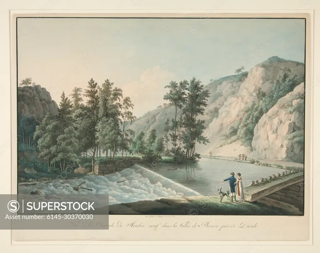 Vue de la Cascade du Moulin neuf dans la Vallee de Plauen pres deDresde.  Artist: Friedrich Wizani, German, 1770-1835 - SuperStock