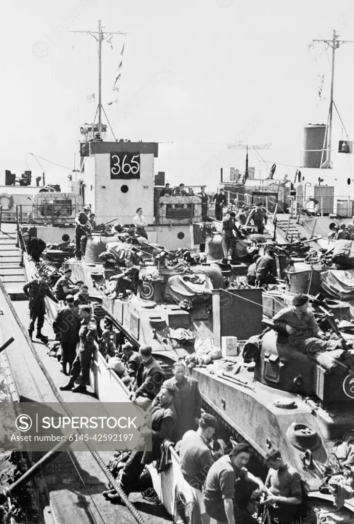 Preparations For Operation Overlord (the Normandy Landings)- D-day 6 June 1944 A British LCT (Landing Craft Tank) loaded with Sherman tanks, at a port on the south coast of England, during an exercise.