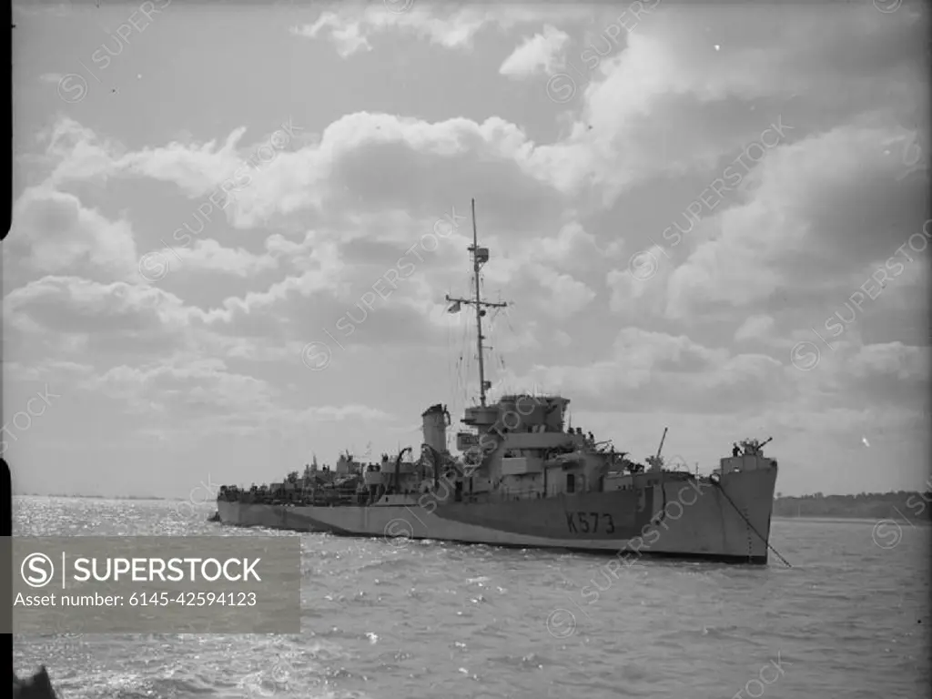 The Royal Navy during the Second World War HMS STAYNER, Captain Class Frigate and anti-E-Boat warship at anchor. She helped patrol the beaches during the Normandy landings on and after D Day.