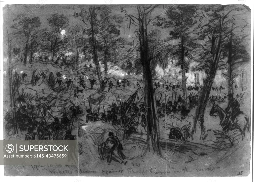 Rickett's advance against Rhodes sic division in the woods. Morgan collection of Civil War drawings. Rodes, Robert Emmett, Military service, Ricketts, James Brewerton, Military service, Winchester, 3rd Battle of, Winchester, Va, 1864, Soldiers, 1860-1870, United States, History, Civil War, 1861-1865, Campaigns & battles, United States, History, Civil War, 1861-1865, Casualties, United States, Virginia, Winchester , VI Corps (Army of the Potomac), 3rd Division.