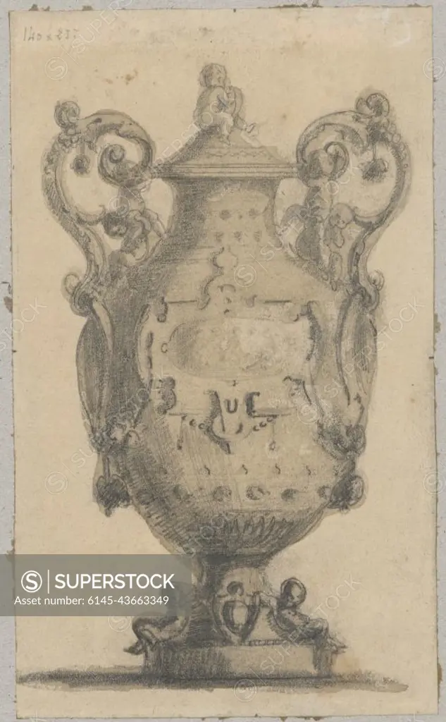 ﻿Design of Neo-Renaissance vase with putto on the lid. Carrier-Belleuse, Albert Ernst (1824-1887), draughtsman, cartoonist