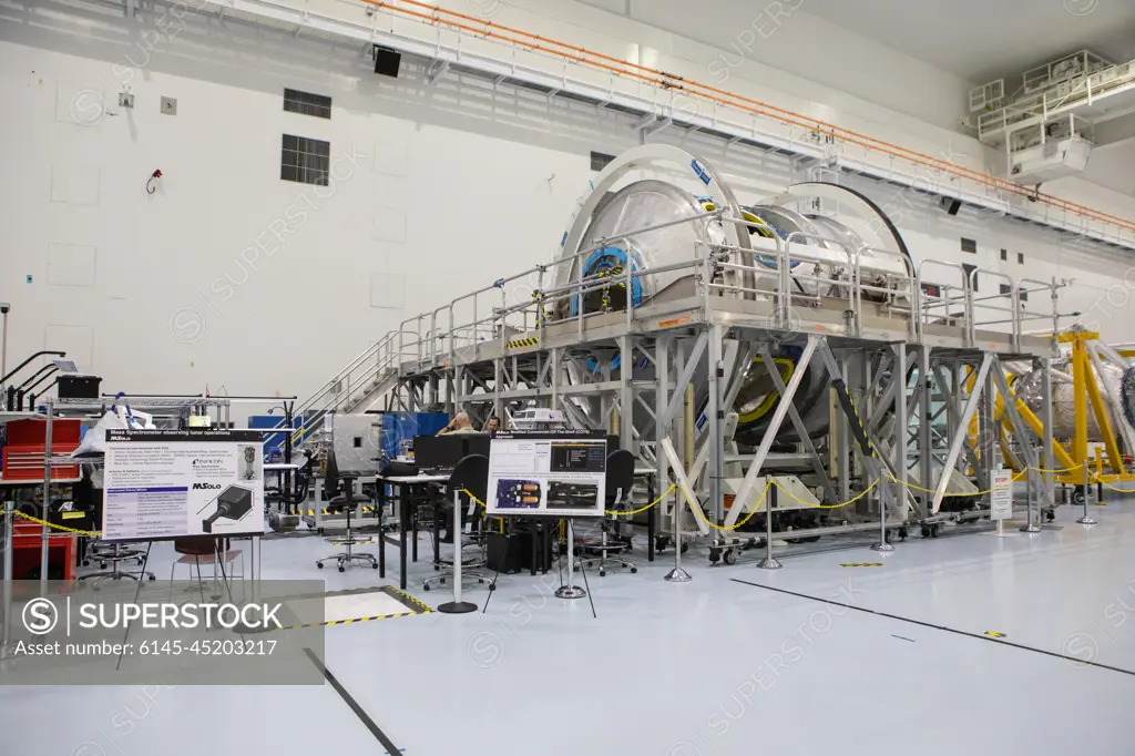 Instruments for NASAs Mars Spectrometer observing lunar operations (MSolo) are in view at left in the high bay of the Space Station Processing Facility (SSPF) at NASA's Kennedy Space Center in Florida, on May 16, 2019. The center is celebrating the SSPFs 25th anniversary. The facility was built to process elements for the International Space Station. Now it is providing support for current and future NASA and commercial provider programs, including Commercial Resupply Services, Artemis 1, sending the first woman and next man to the Moon, and deep space destinations including Mars.