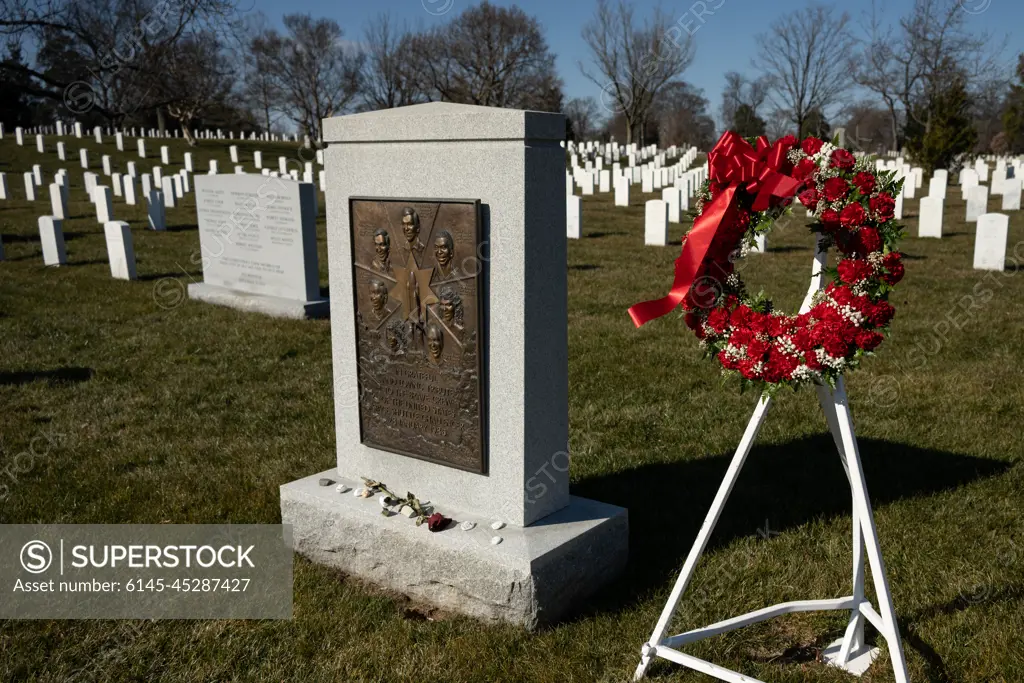 The Space Shuttle Challenger Memorial is seen after a wreath laying ceremony that was part of NASA's Day of Remembrance, Thursday, Jan. 28, 2021, at Arlington National Cemetery in Arlington, Va. Wreaths were laid in memory of those men and women who lost their lives in the quest for space exploration.