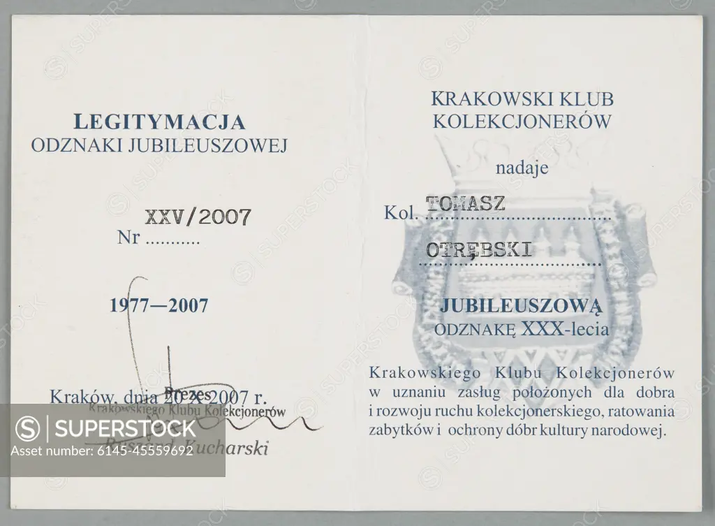 ID card of the Jubilee Badge of the XXX anniversary of the Krakow  