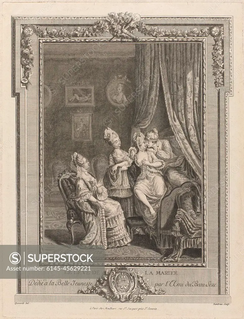 Le Levé de la Mariée. A young married couple lies in a four-poster bed. The  woman in Négligé with bare breasts and sleeping hat on the head, wants to  get up; Her