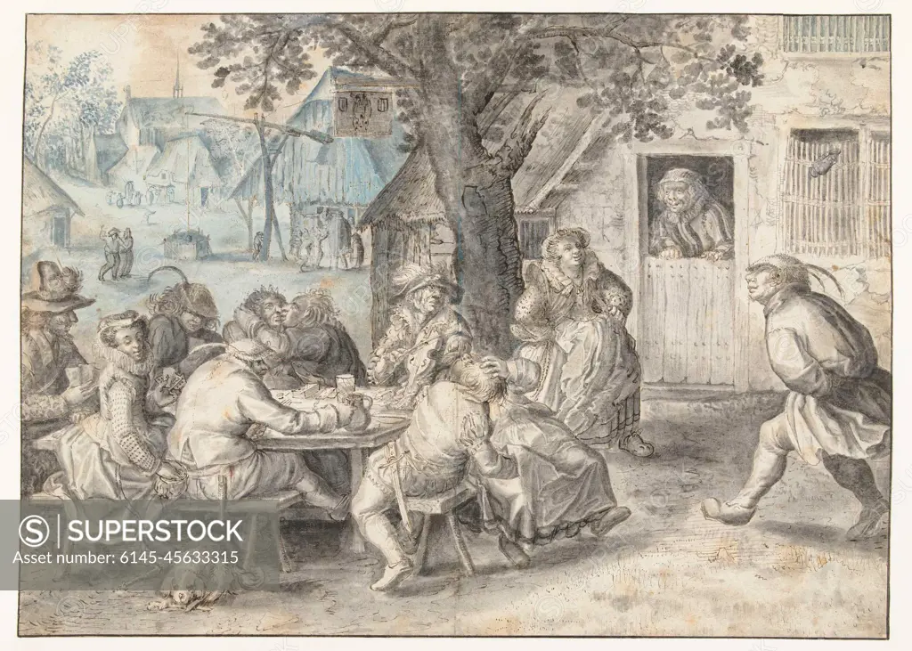 Festive Peasants, Soldiers, and Harlots. While a soldier is amorously engaged, a peasant pinches his jug of beer. Meanwhile a harlot robs the peasant of his money, unaware that a soldier is cheating by looking at her hand of cards. Vinckboons made the drawing on the eve of the Twelve Year Truce (1609-1621) marking the cease-fire between Spain and the Northern Netherlands. In the seeming reconciliation, he perceives the seeds of new conflicts inthe future.