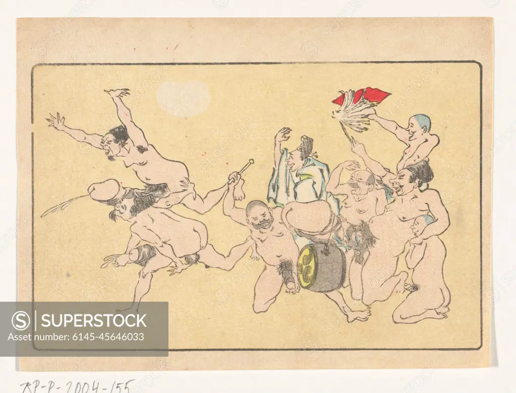 Gong; The big tail. Humorous erotic print; Group of naked men and a dressed  hostel, two running men encouraging; When striking a gong hanging on a  penis. - SuperStock