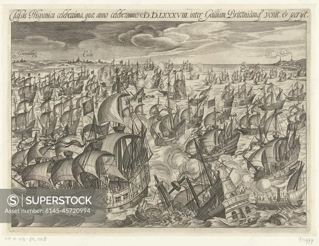 Fall from the Spanish Armada, 1588; Classis Hispanica Celeberrima Quae Anno Celeberrimo MDLXXXVIII INTER GALLIAM BRITAN N IAMQ. Venit & Perijt. Destruction of the Spanish armada or invincible fleet, between 31 July and 12 August 1588. Sea battle between the Spanish and English fleet in the canal between Dover and Calais at Grevelingen, on 7 and 8 August. In the foreground a sinking Spanish ship.