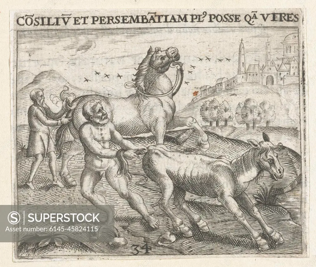 Two men with horses; Cosiliv et persembatiam pl. POSSE QA. Veres; Denis  Lebey de Batilly, emblemata, 1596. Two men try to control their horses. The  first man is naked and he likes