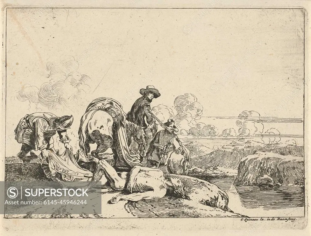 Looters. Three men with a horse pass through a dead body on a path that  they leave naked, wrapping the valuables. - SuperStock