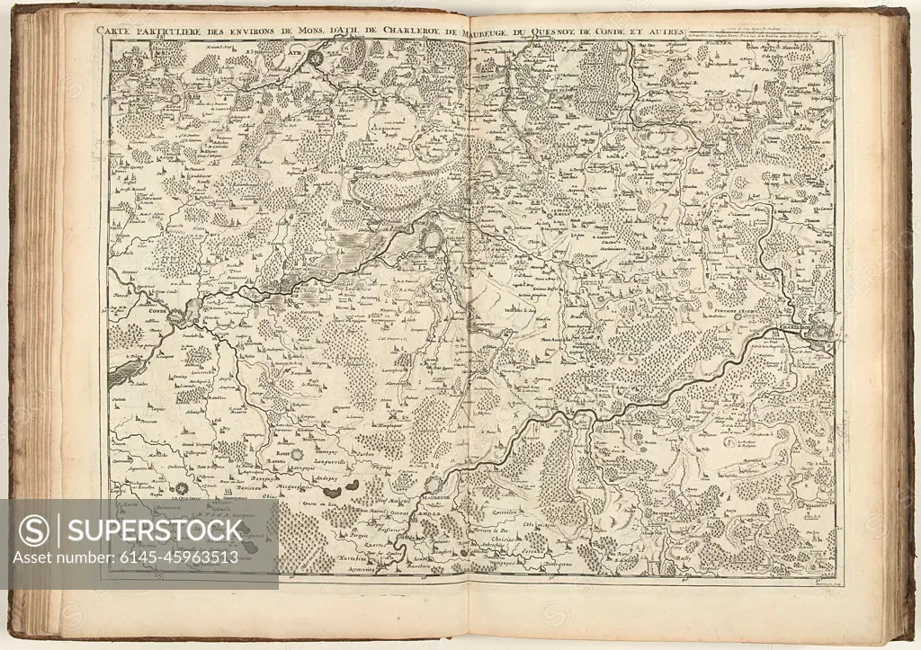Map of Hainaut and Northern France, 1706; Carte Private Des Environs de Mons, d'Ath, the Charleroy, the Maubeuge, Du Quesnoy, the Condé, et Autres. Map of Hainaut and Northern France with the cities of Mons, Ath, Charleroi, Maubeuge, Le Quesnoy and Condé, 1706. Part of a bundled collection of plans of battles and cities renowned in the Spanish succession war. This plate belongs to the first 24 plates that together form a very large map of the Southern Netherlands.