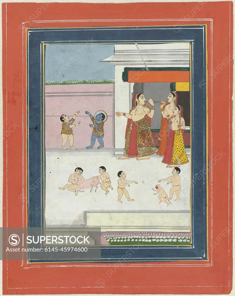 Three women and children playing with Krishna. Three women are located  under the backkin of a house in a courtyard where four naked children play  with a piglet and a monkey, against