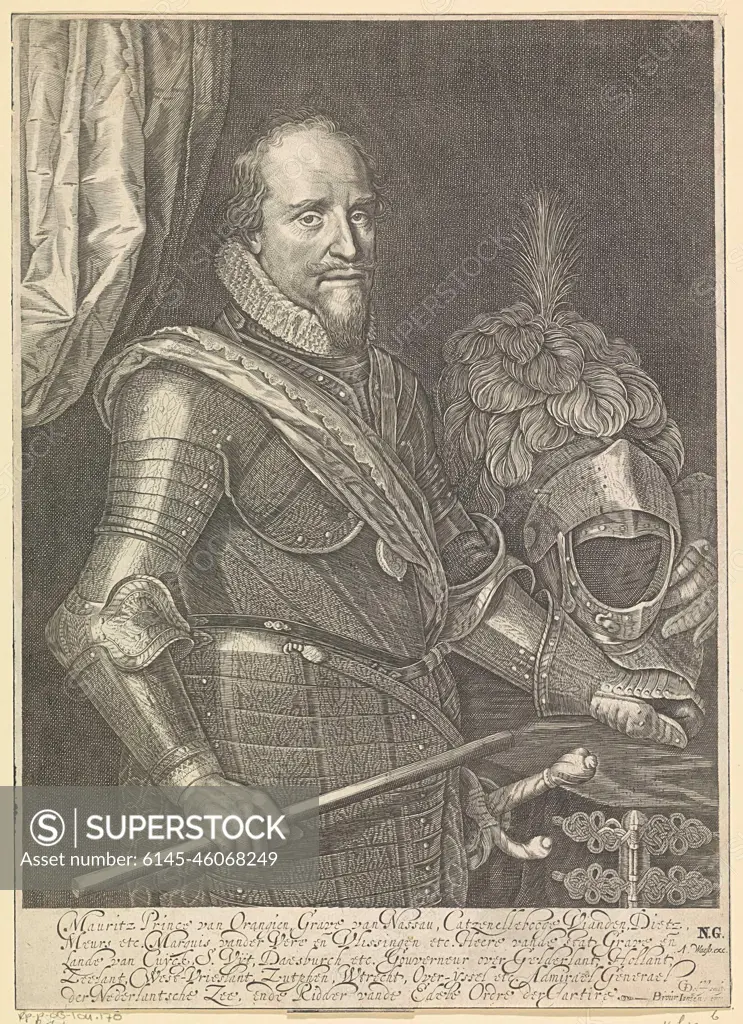 Portrait of Maurits, Prince of Orange. Portrait of Maurits. He stands next to a table with the helmet of his armor on it. He holds a command post. Five lines of Dutch text in the underwear.