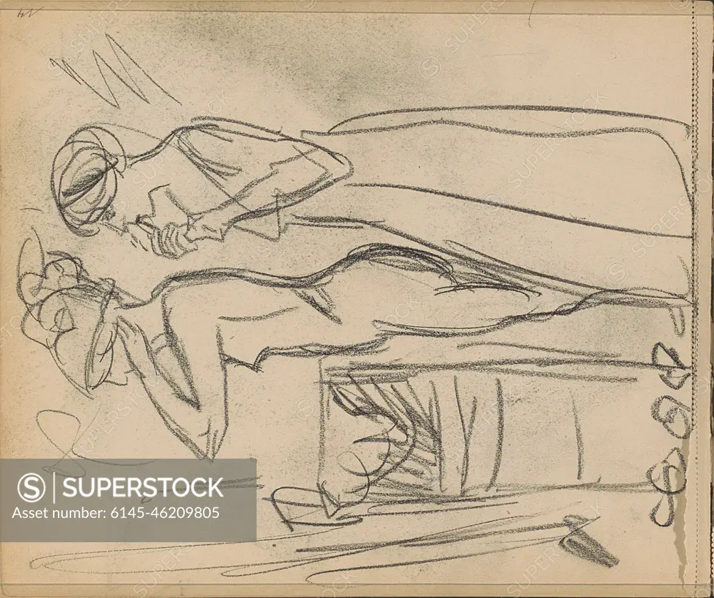 Two women make toilet. They are probably in front of a mirror. A female  naked with hat. Behind her a woman putting lipstick. Leaf 4 Verso from  sketchbook XXVII with 8 sheets. - SuperStock