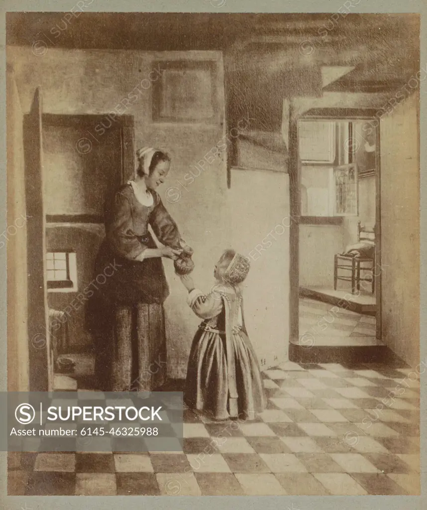 Photo production of the painting 'A woman with a child in a basement room' by Pieter de Hooch; Musée d'Amsterdam. Pieter De Hoogh. - Le Cellier .. Part of leporellolatbum with photo productions from paintings from the Rijksmuseum.