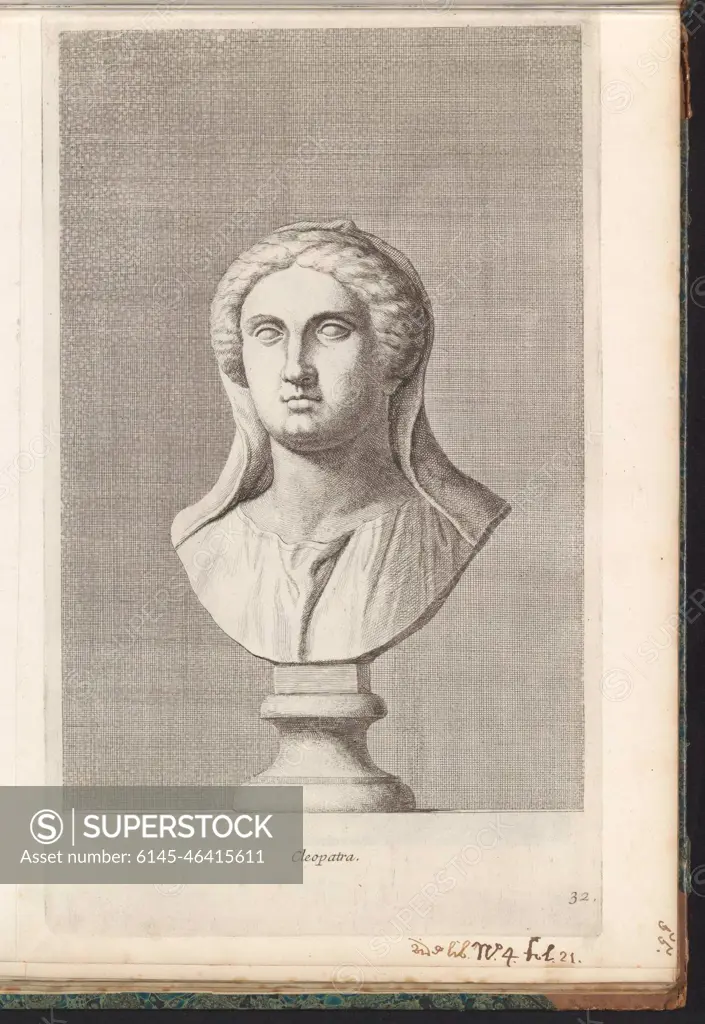 Bust of Cleopatra; Cleopatra. Classic bust of a woman turned to the left.  She is wearing a veil. The print is part of an album with a series of  prints to the