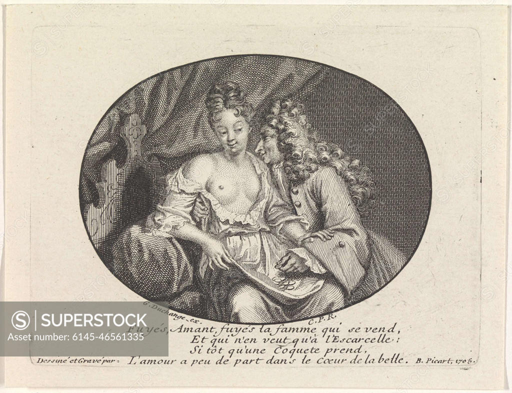 A man groped a woman and puts coins on her lap. She is wearing a dress that  leaves her breasts uncovered and pushes his hand away. In the margin a  four-line