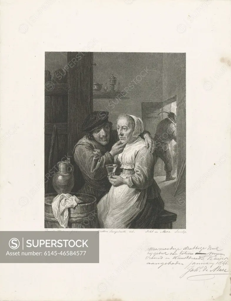 A young man seduces an old woman sitting with a glass in her hand at a tub  in an inn interior. - SuperStock