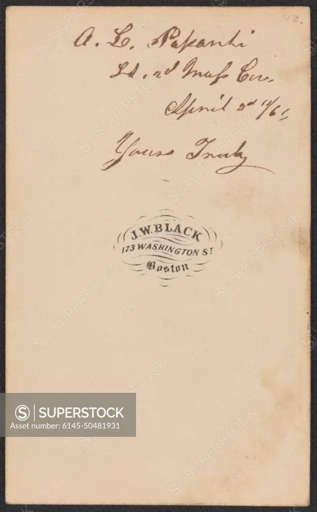 Captain Augustus L. Papanti of Co. B, 7th Rhode Island Cavalry Squadron and Co. H, 2nd Massachusetts Cavalry Regiment in uniform / J.W. Black, 173 Washington St., Boston.. Liljenquist Family Collection of Civil War Photographs , pp/liljpaper. Papanti, Augustus L, 1845-1910, United States, Army, Rhode Island Cavalry Squadron, 7th (1862), People, United States, Army, Massachusetts Cavalry Regiment, 2nd (1862-1865), People, Soldiers, Union, 1860-1870, Military uniforms, Union, 1860-1870, United States, History, Civil War, 1861-1865, Military personnel, Union.