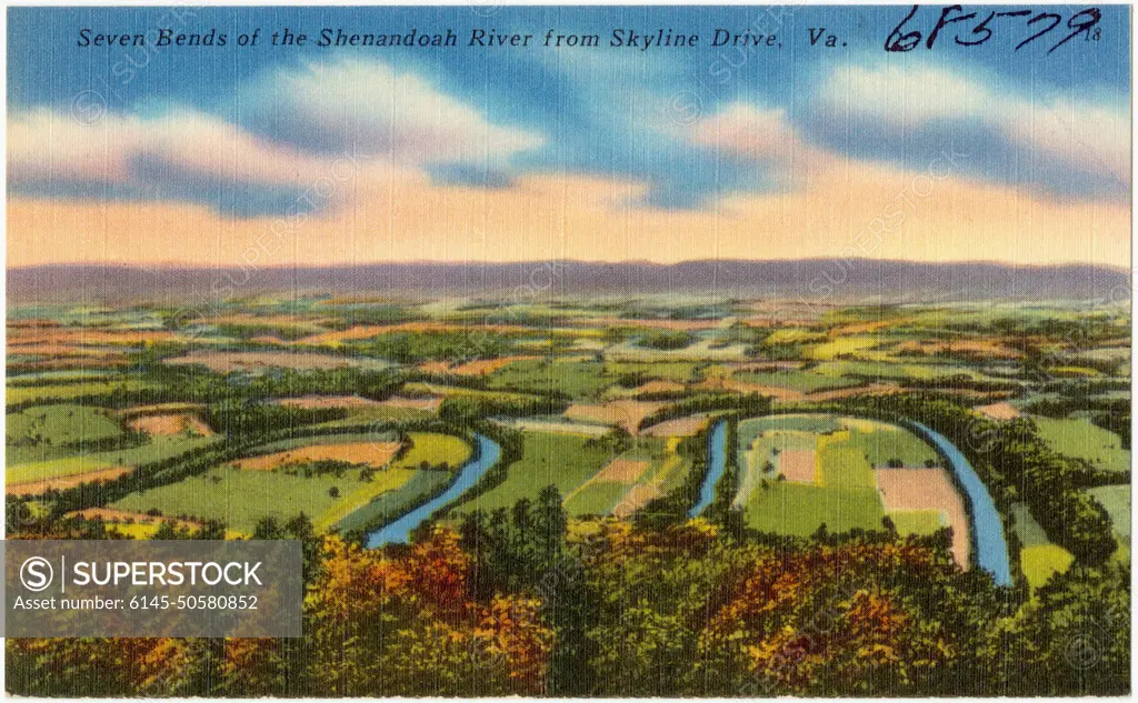 Seven bends of the Shenandoah River from Skyline Drive, Va. , Rivers, Parks, Tichnor Brothers Collection, postcards of the United States