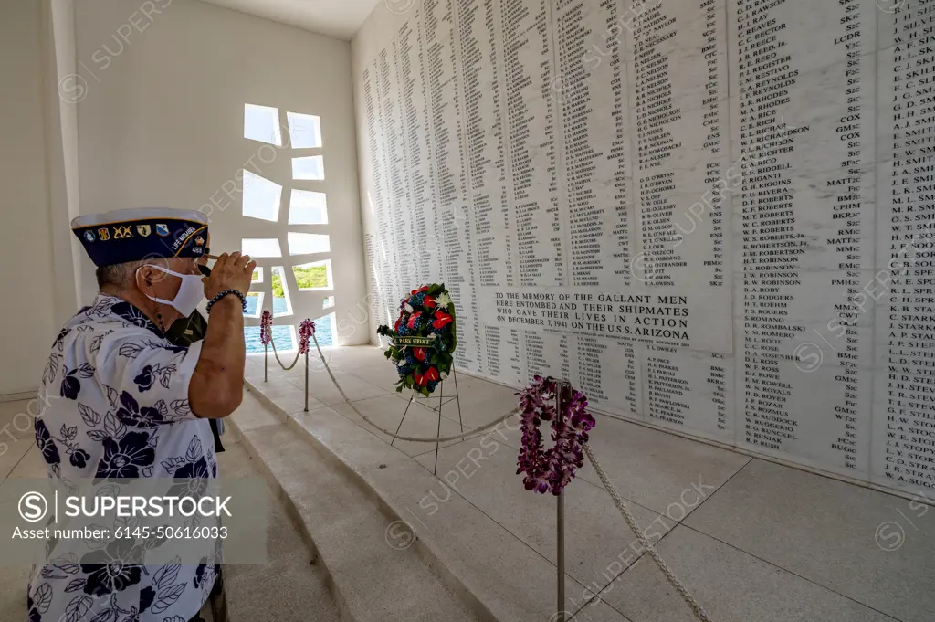 PEARL HARBOR (Dec. 7, 2020) Henry Lee, a Pearl Harbor survivor and U.S. Army veteran, renders honors in the USS Arizona Memorial shrine room as part of the 79th Pearl Harbor Day Remembrance Day ceremony in Honolulu, Hawaii. The theme of the 79th Pearl Harbor Day Remembrance ceremony, Above and Beyond the Call,” pays tribute to the Soldiers, Marines, Coast Guardsmen and Sailors defending Oahu, as well as the civilians caught in the crossfire of the opening battle of the United States involvement in World War II.