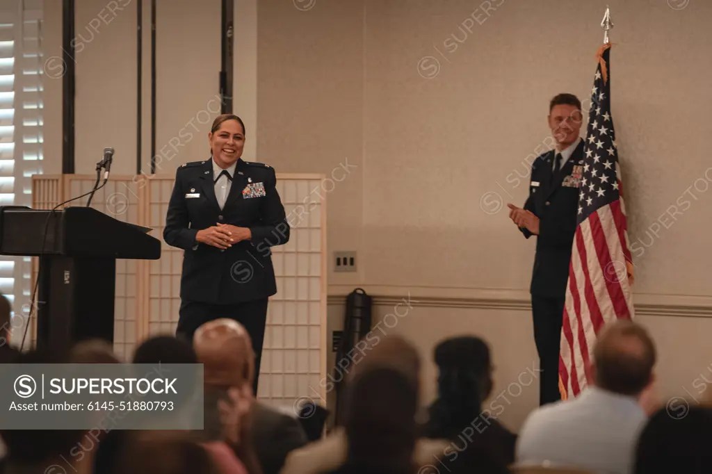 U.S. Air Force Col. Anadis Collado, 628th Medical Group commander, thanks her family for ongoing support during the 628th MDG change of command ceremony at Joint Base Charleston, South Carolina, June 24, 2022. Collado assumed command from Col. Rebecca S. Elliot, outgoing 628th Medical Group commander.