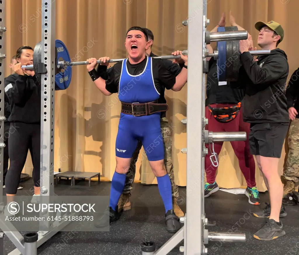 Joey Beltran, competitor for the Federal Way Thunder Lifters, lets out a victory yell as he lifts 175 pounds at the 2022 Spring Olympics Competition at Carey Theater June 18 on Joint Base Lewis-McChord.