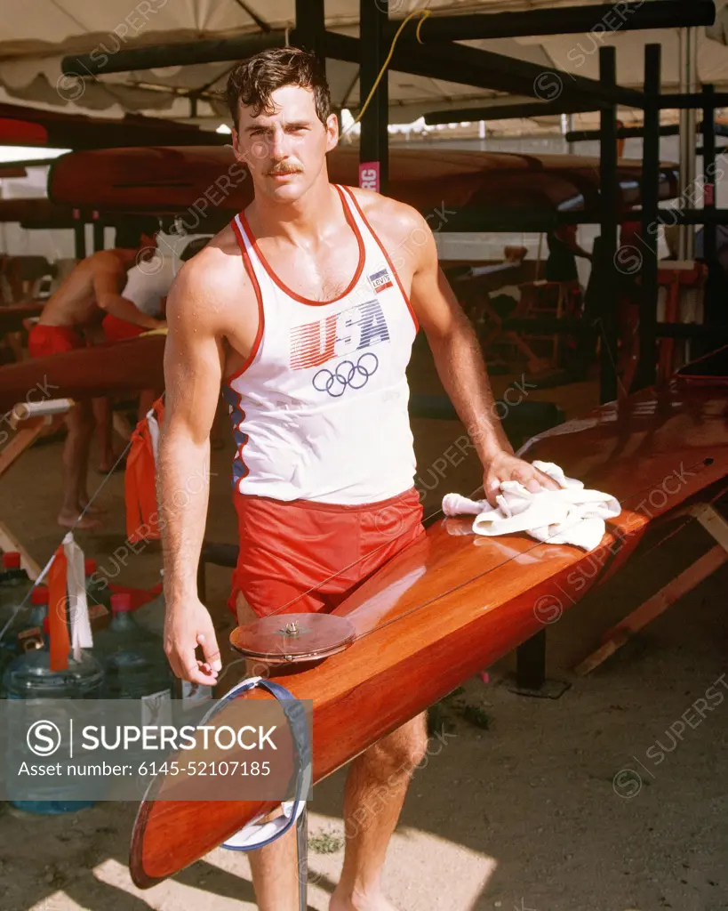 Army Captain David L. Gilman from Oakland Army Base, California, a member of the kayak team competing at the 1984 Summer Olympics. Base: Lake Casitas State: California (CA) Country: United States Of America (USA)