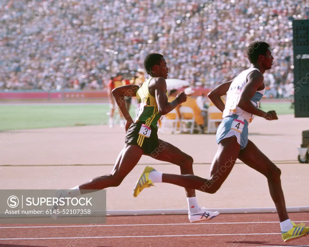 AIRMAN 1ST Class Owen Hamilton from Wright-Patterson Air Force Base, Ohio, represents Jamaica in the 800 meter track and field team event at the 1984 Summer Olympics. Base: Los Angeles State: California (CA) Country: United States Of America (USA)