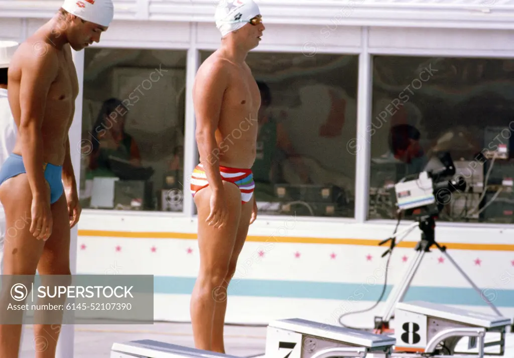 Cadet Brian A. Farlow, right, from the US Military Academy, West Point, NY, is representing the Virgin Islands in the swimming competition at the 1984 Summer Olympics. Base: Los Angeles State: California (CA) Country: United States Of America (USA)