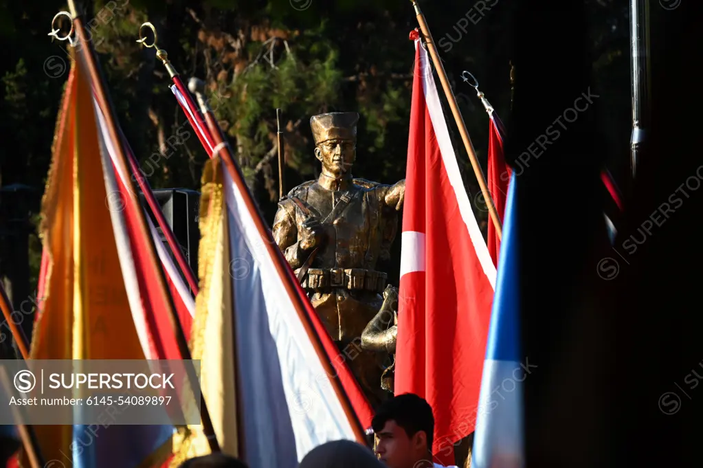 Statues of Mustafa Kemal Atatürk decorate Atatürk Park during the Atatürk Memorial Day Ceremony in Adana, Türkiye, Nov. 10, 2022. In commemoration of 84th anniversary of the death of Mustafa Kemal Atatürk, the founder and first president of the modern-day Republic of Türkiye, the 10th Tanker Base Command and the 39th Air Base Wing paid tribute to Atatürk. Atatürk is credited with the birth and modernization of Türkiye and his accomplishments are celebrated throughout the nation. During this day of remembrance, the entire country of Türkiye pauses for two minutes at 9:05 a.m., to symbolize the moment Atatürk passed.