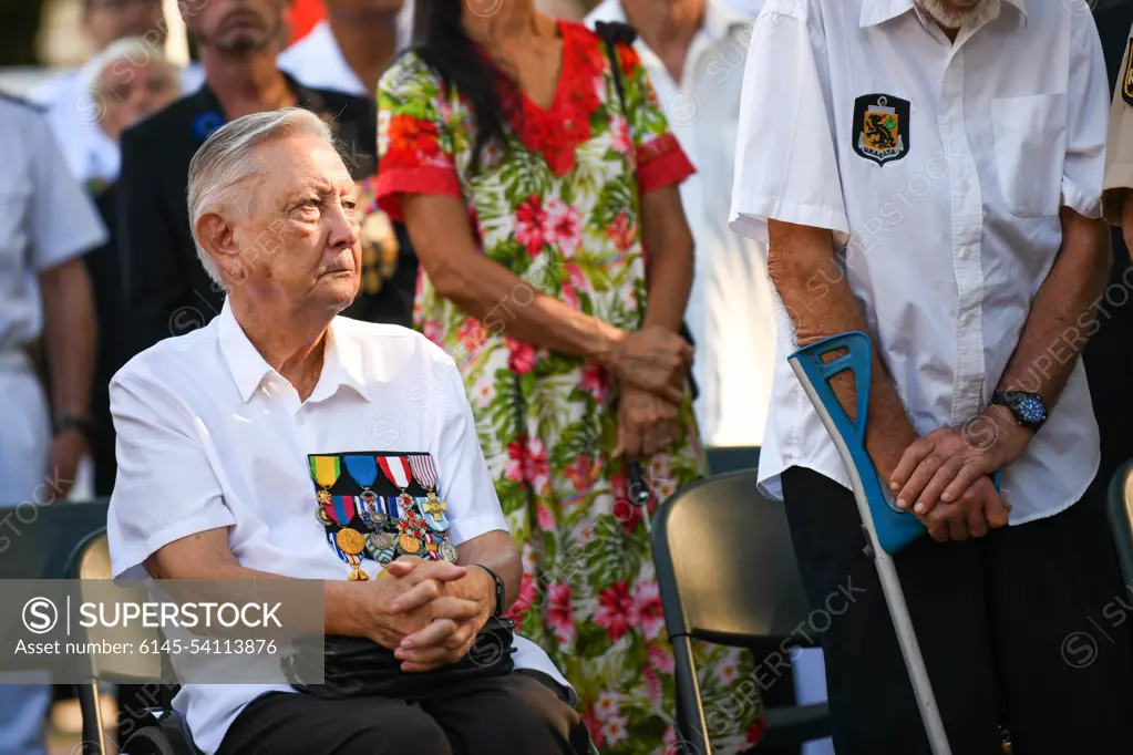 A Victory in Europe Day participant watches during a World War II remembrance ceremony outside the Haut-commissariat de la République Tahiti, French Polynesia, May 8, 2022. The ceremony kicks off the first iteration of exercise Marara 22 at the multinational level.