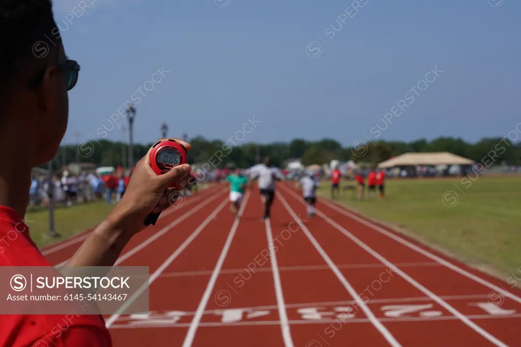 Special Olympics Mississippi athletes compete in a track event during the SOMS Summer Games at Keesler Air Force Base, Mississippi, May 14, 2022. Over 600 athletes participated in the Summer Games.