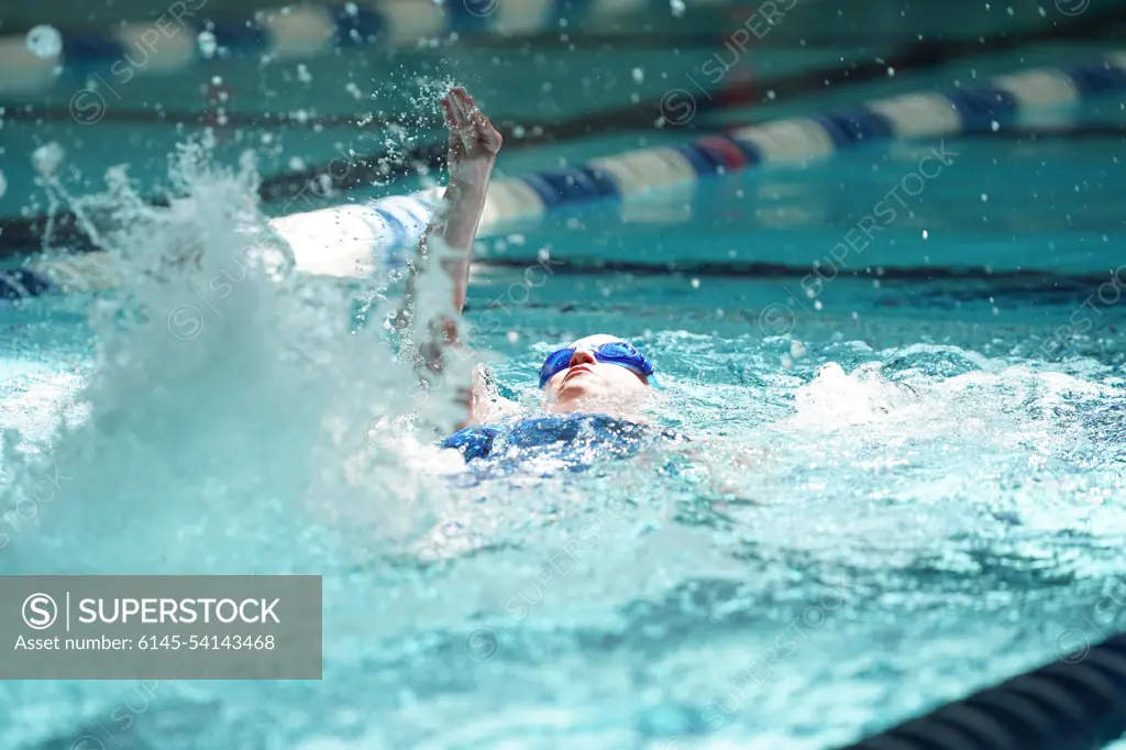 A Special Olympics Mississippi athlete competes in a swimming event at the Biloxi Natatorium in Biloxi, Mississippi, during the SOMS Summer Games, May 14, 2022. Keesler Air Force Base, Mississippi, hosted the Summer Games, and swimming events were held at Sandhill Ranch.