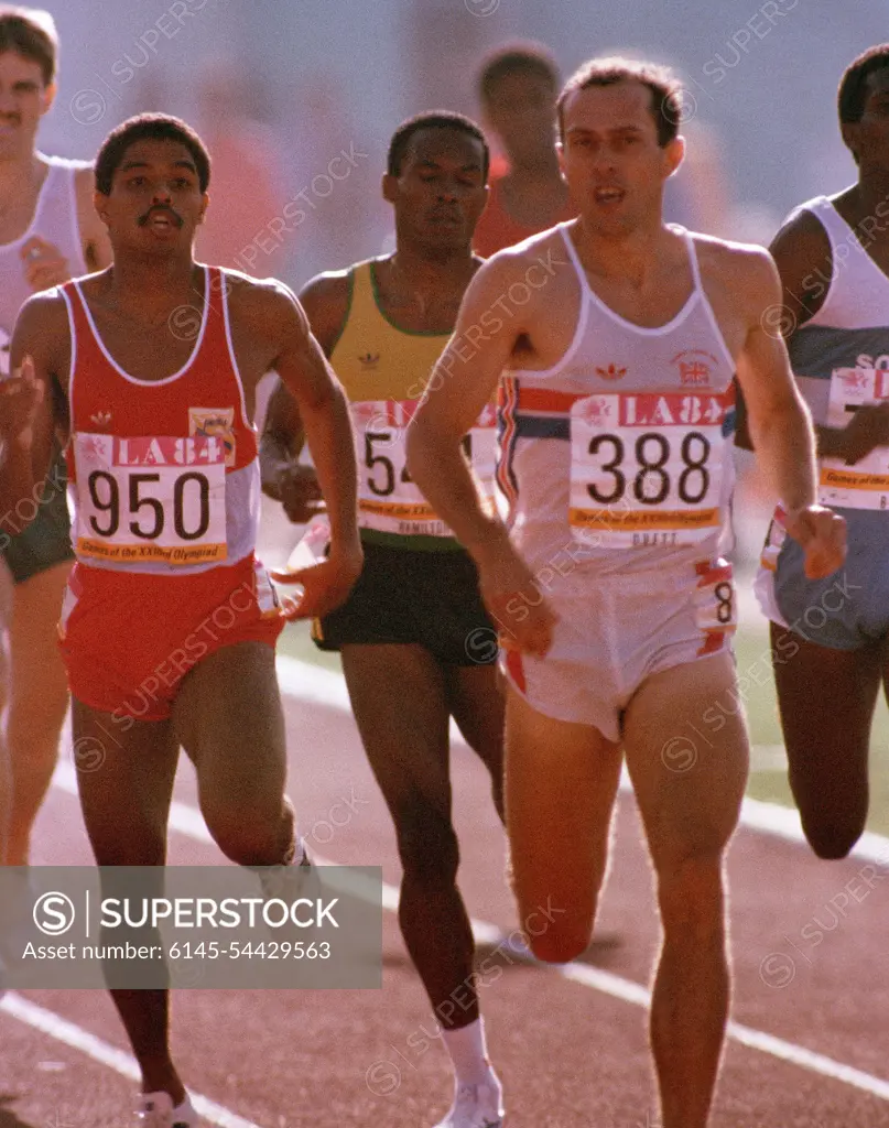 AIRMAN 1ST Class Owen Hamilton, center, from Wright-Patterson Air Force Base, Ohio, represents Jamaica in the 800 meter track and field team event at the 1984 Summer Olympics. Base: Los Angeles State: California (CA) Country: United States Of America (USA)