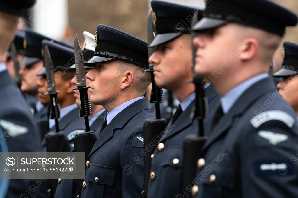 A Royal Air Force regiment stands in formation during a Remembrance Sunday ceremony held at Angel Hill war memorial in Bury St. Edmunds, England, Nov. 13, 2022. The day honored the service and sacrifice of Armed Forces, British and Commonwealth veterans, as well as the allies that fought alongside them in the two World Wars and later conflicts. (U.S. Air Force photo Tech. Sgt. Rachel Maxwell)