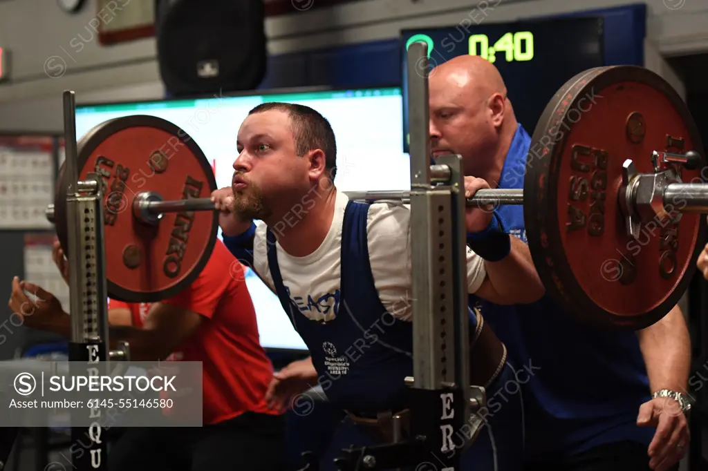 U.S. Air Force Jesse Wims, Area 16 athlete, participates in powerlifting during the Special Olympics Mississippi Summer Games at Keesler Air Force Base, Mississippi, May 14, 2022. Over 600 athletes participated in the Summer Games.