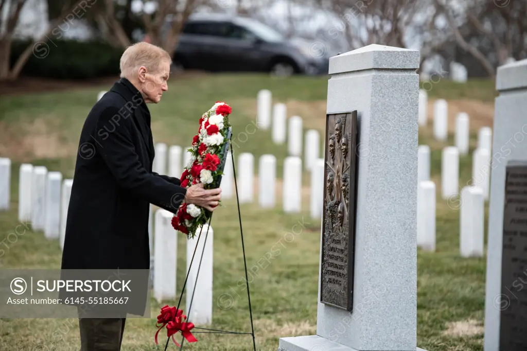 Bill Nelson, administrator, National Aeronautics and Space Administration (NASA), lays a wreath at the Space Shuttle Challenger Memorial at Arlington National Cemetery, Arlington, Va., Jan. 26, 2023. Nelson was at ANC for the NASA Day of Remembrance, where several wreaths are laid at memorials and gravesites in memory of those men and women who lost their lives furthering the cause of exploration and discovery.