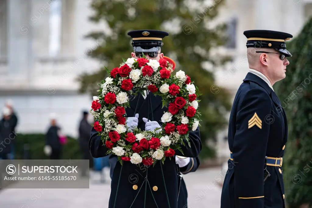 Tomb guards from the 3d U.S. Infantry Regiment (The Old Guard) support a Public Wreath-Laying Ceremony at the Tomb of the Unknown Soldier at Arlington National Cemetery, Arlington, Va., Jan. 26, 2023. The wreath was laid by Bill Nelson, administrator, National Aeronautics and Space Administration (NASA) who was at ANC for the NASA Day of Remembrance, where several wreaths are laid at memorials and gravesites in memory of those men and women who lost their lives furthering the cause of exploration and discovery.