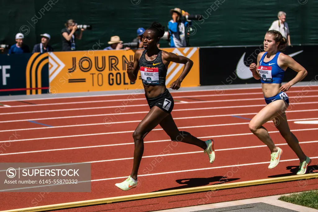 Spc. Ednah Kurgat, a Track & Field Soldier-athlete assigned to the World Class Athlete Program, competes in the Women's 5,000m at the 2022 USA Track and Field Outdoor Championships, Eugene, Oregon, June 23-26, 2022.