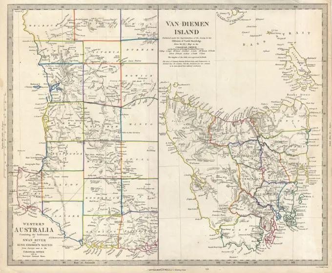 1849 S.D.U.K. Map of Tasmania or Van Diemen's Land and Western Australia