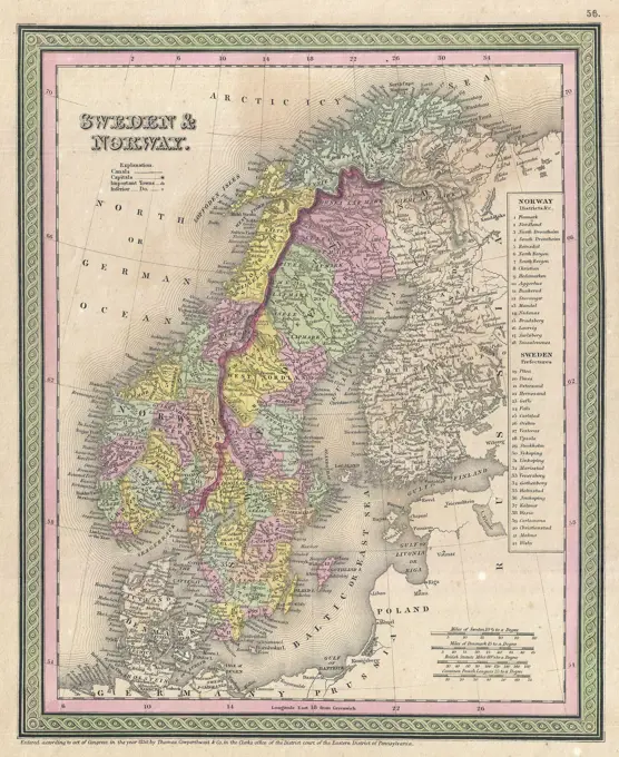 1850 Mitchell Map of Scandinavia, Norway, Sweden, Denmark, Finland