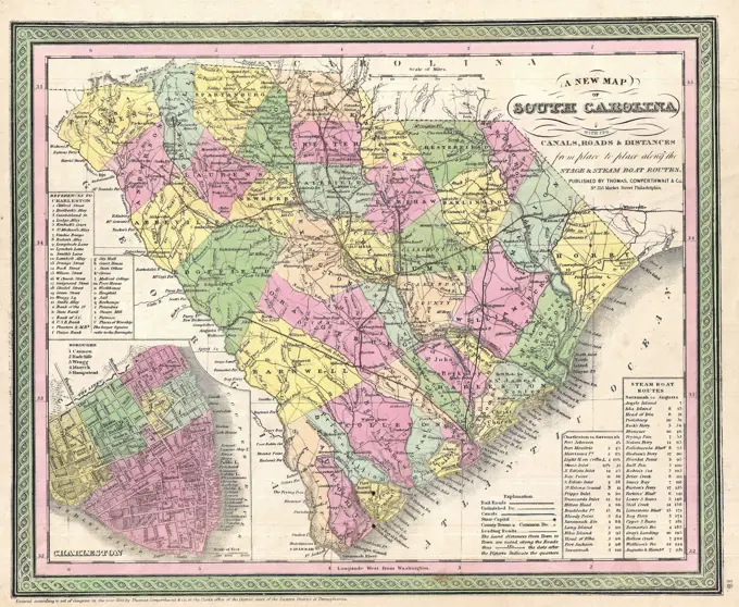 1850 Mitchell Map of South Carolina with Charleston inset