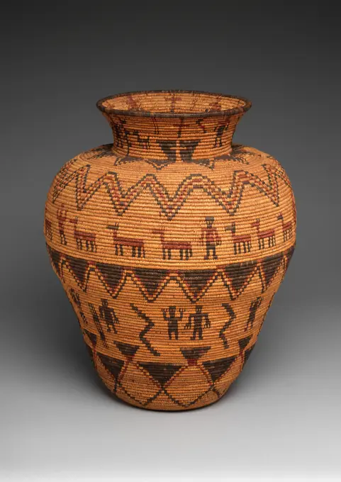 Storage basket ca. 1890 Apache, Native American Western Apache women originally produced large storage baskets and shallow basket bowls for family use. When the railroad brought tourists to the Southwest in the 1880s, weavers began producing for this new, burgeoning market. The buyers preference for representational imagery is reflected in the design of this basket. Horizontal bands of running geometric motifs enclose zones of asymmetrically organized figures—animals of ambiguous identity and humans with raised and lowered hands.. Storage basket. Apache, Native American. ca. 1890. Willow shoots, devil's claw, and yucca root. Possibly made in Arizona, United States; Possibly made in New Mexico, United States